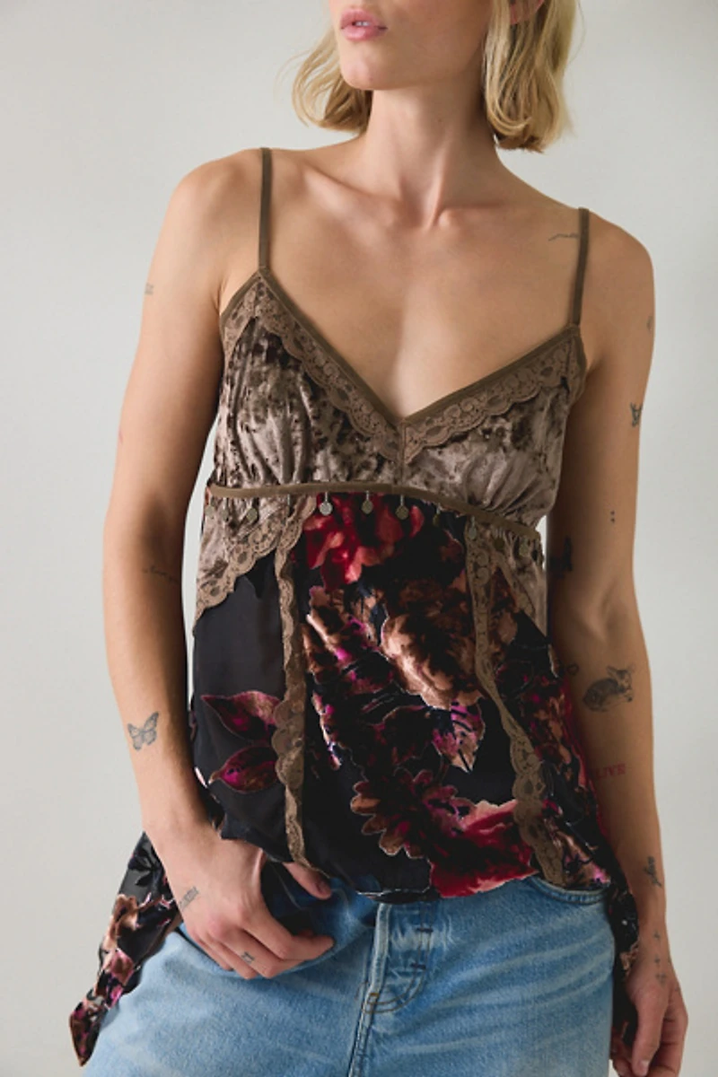 UO Devore Coin Detail Velvet Hanky Hem Tunic Tank Top