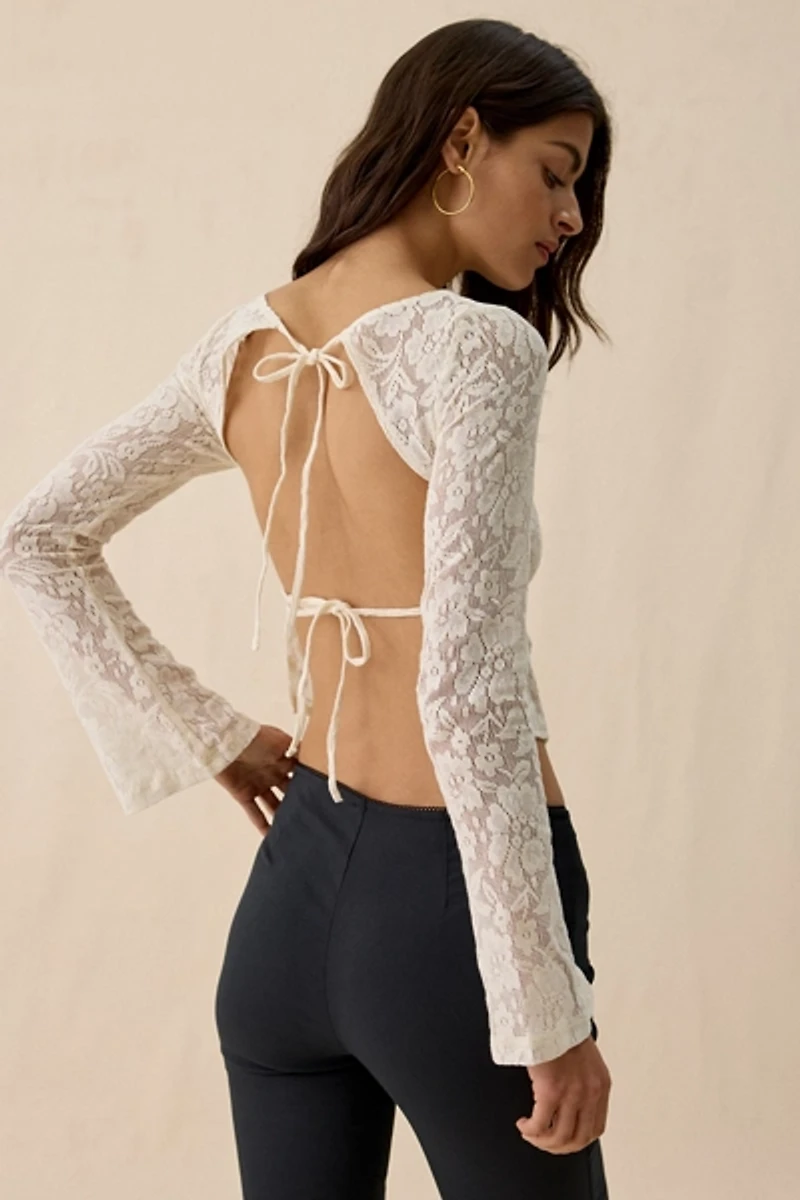 Motel Halfi Open-Back Bell Sleeve Crochet Lace Top