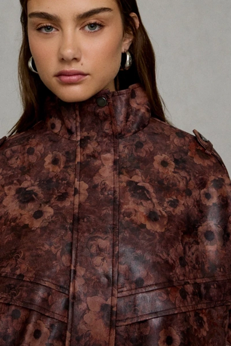 Azalea Wang Narelle Floral Faux Leather Oversized Bomber Jacket