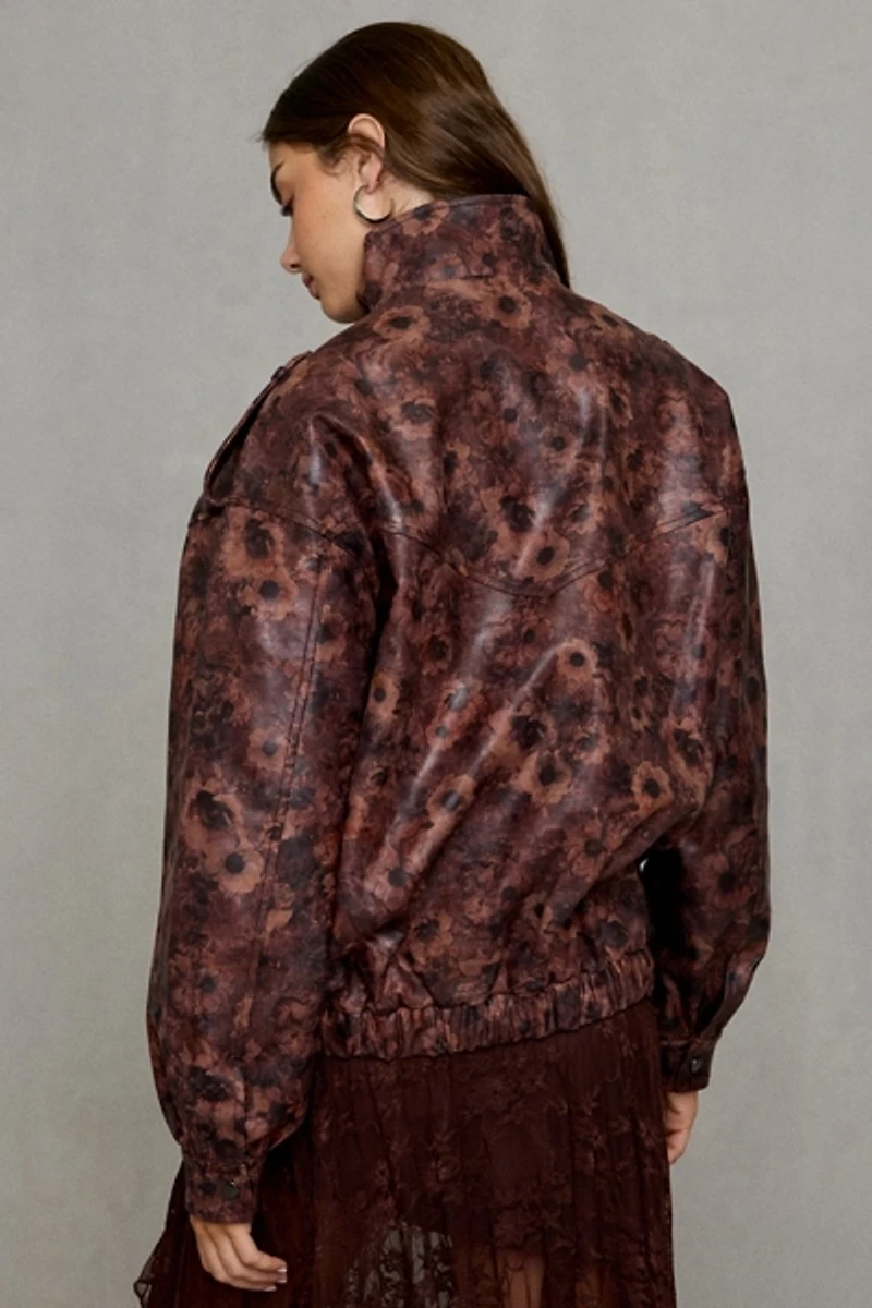 Azalea Wang Narelle Floral Faux Leather Oversized Bomber Jacket