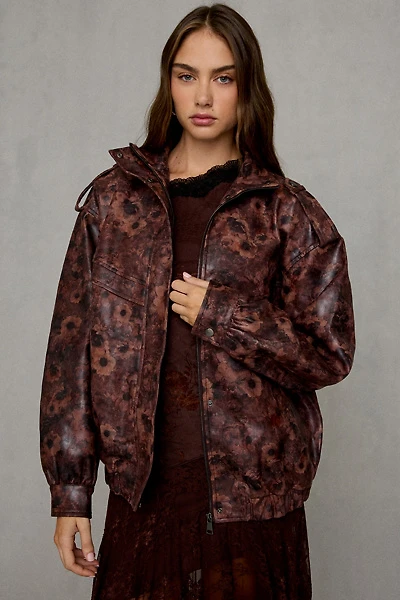 Azalea Wang Narelle Floral Faux Leather Oversized Bomber Jacket