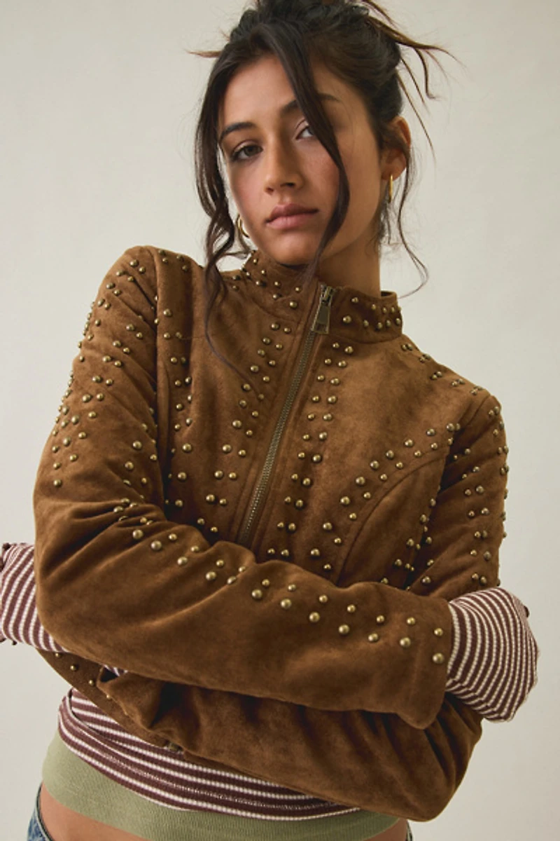 Azalea Wang Silza Studded Faux Suede Moto Jacket