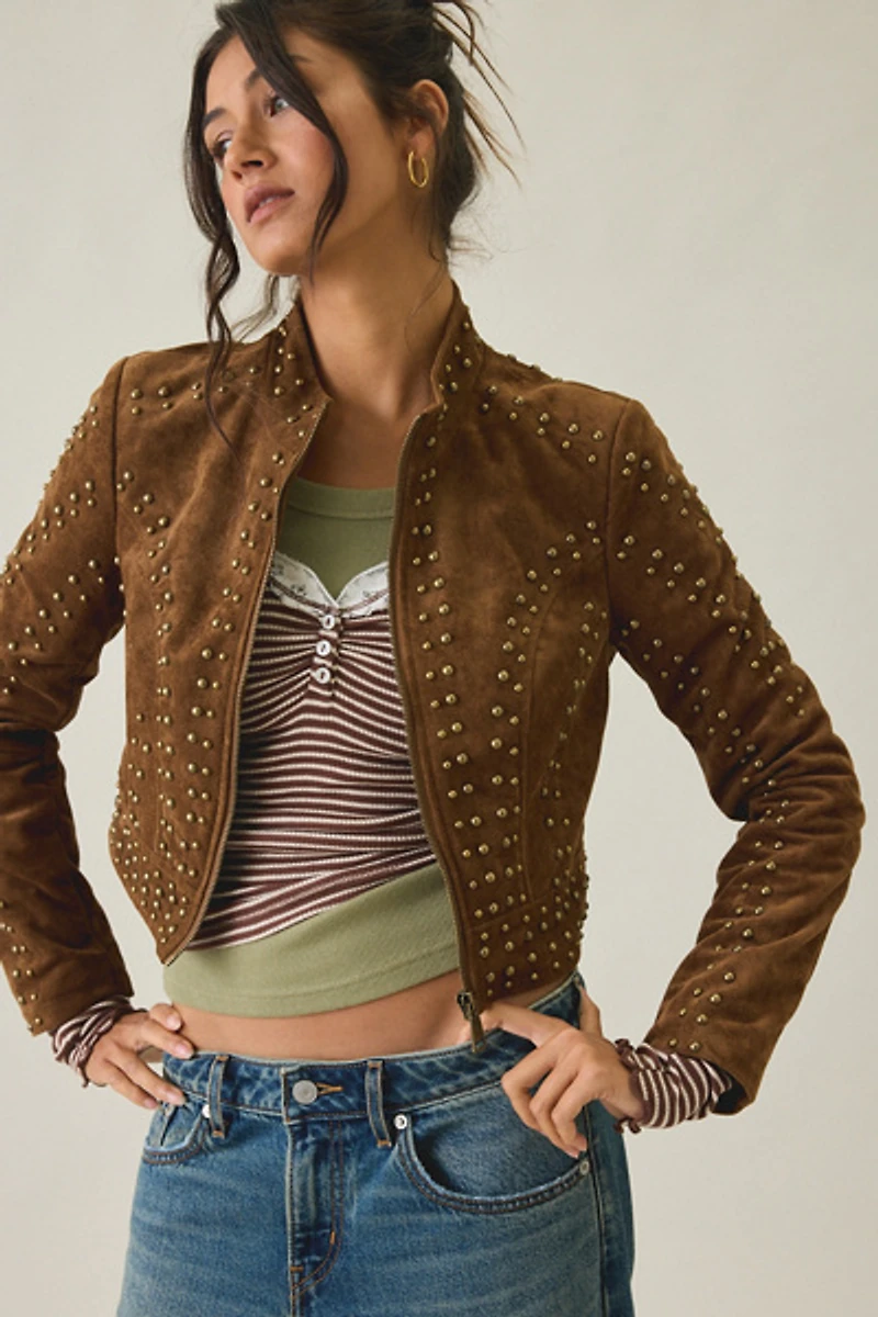Azalea Wang Silza Studded Faux Suede Moto Jacket