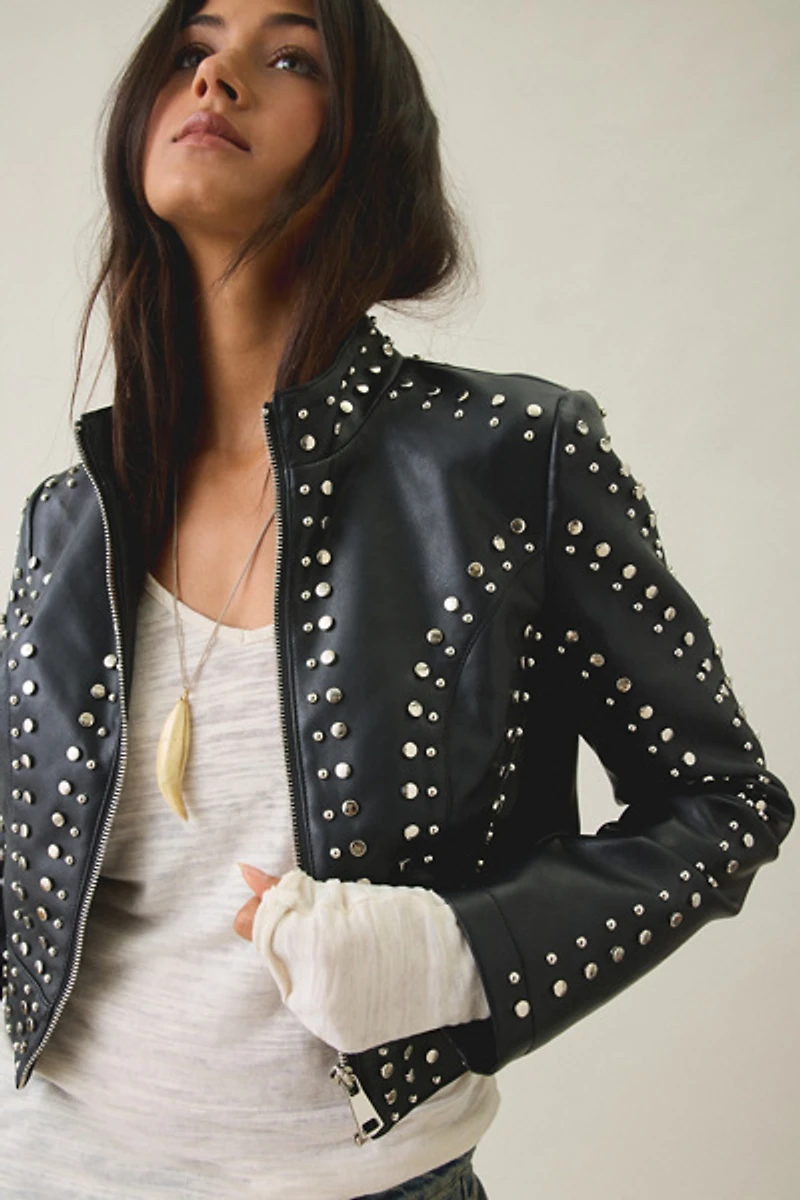 Azalea Wang Silvis Stud Embellished Faux Leather Moto Jacket