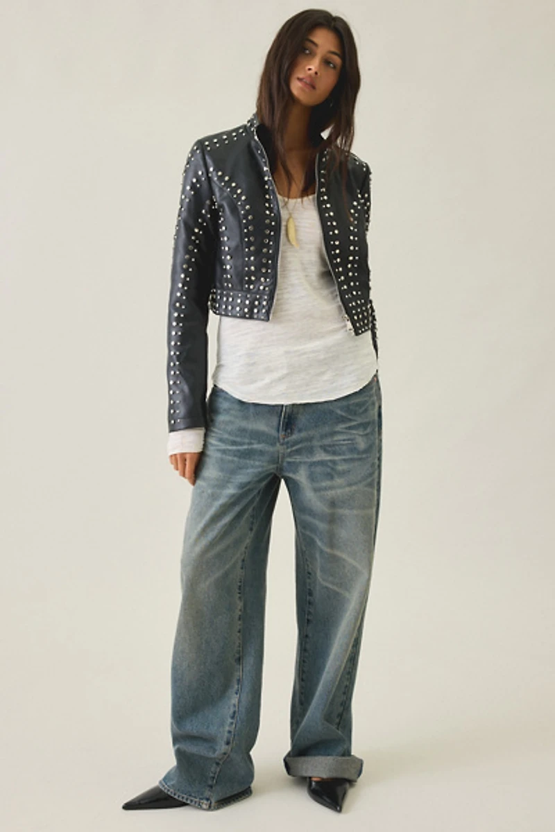 Azalea Wang Silvis Stud Embellished Faux Leather Moto Jacket