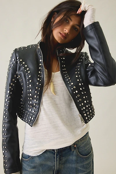 Azalea Wang Silvis Stud Embellished Faux Leather Moto Jacket