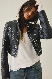 Azalea Wang Silvis Stud Embellished Faux Leather Moto Jacket