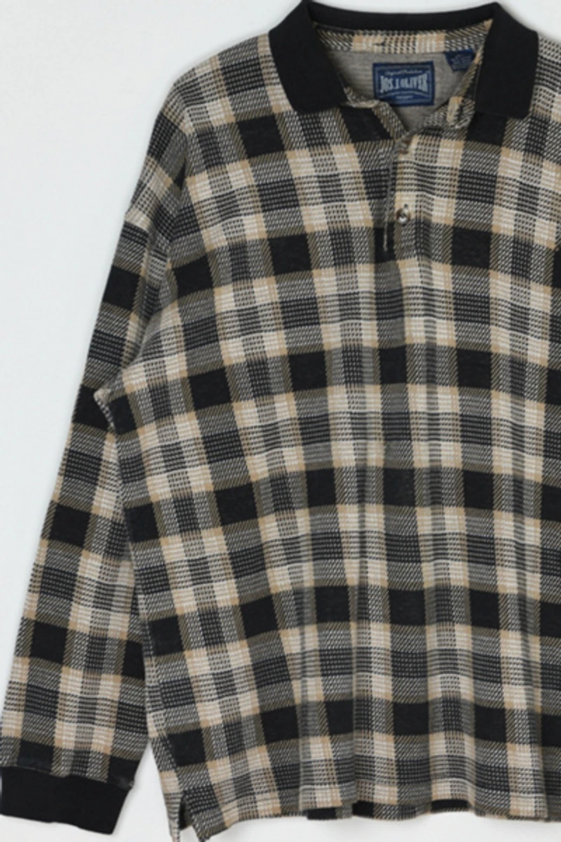 Vintage 90s Black & Beige Plaid Long-Sleeve Polo