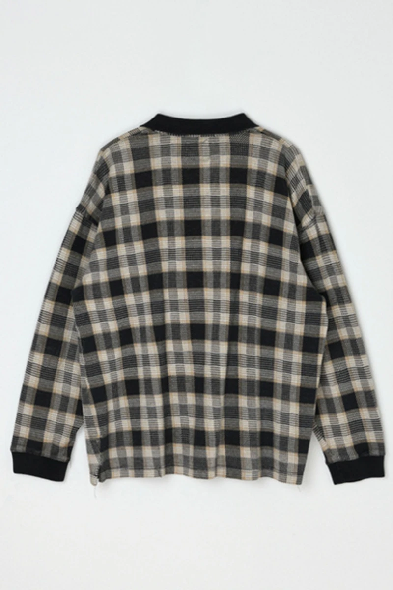 Vintage 90s Black & Beige Plaid Long-Sleeve Polo