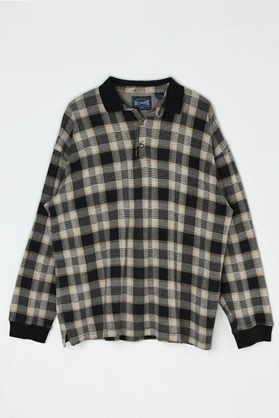 Vintage 90s Black & Beige Plaid Long-Sleeve Polo
