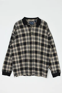 Vintage 90s Black & Beige Plaid Long-Sleeve Polo
