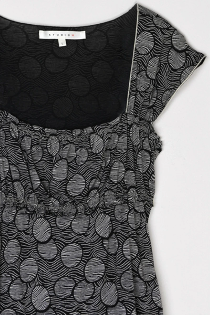 Vintage Y2k Black & White Patterned Ruched Top with Tie