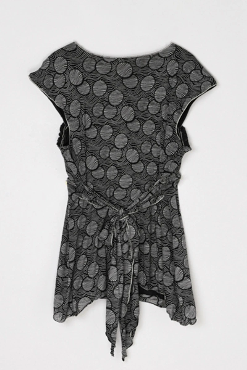 Vintage Y2k Black & White Patterned Ruched Top with Tie