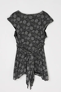 Vintage Y2k Black & White Patterned Ruched Top with Tie