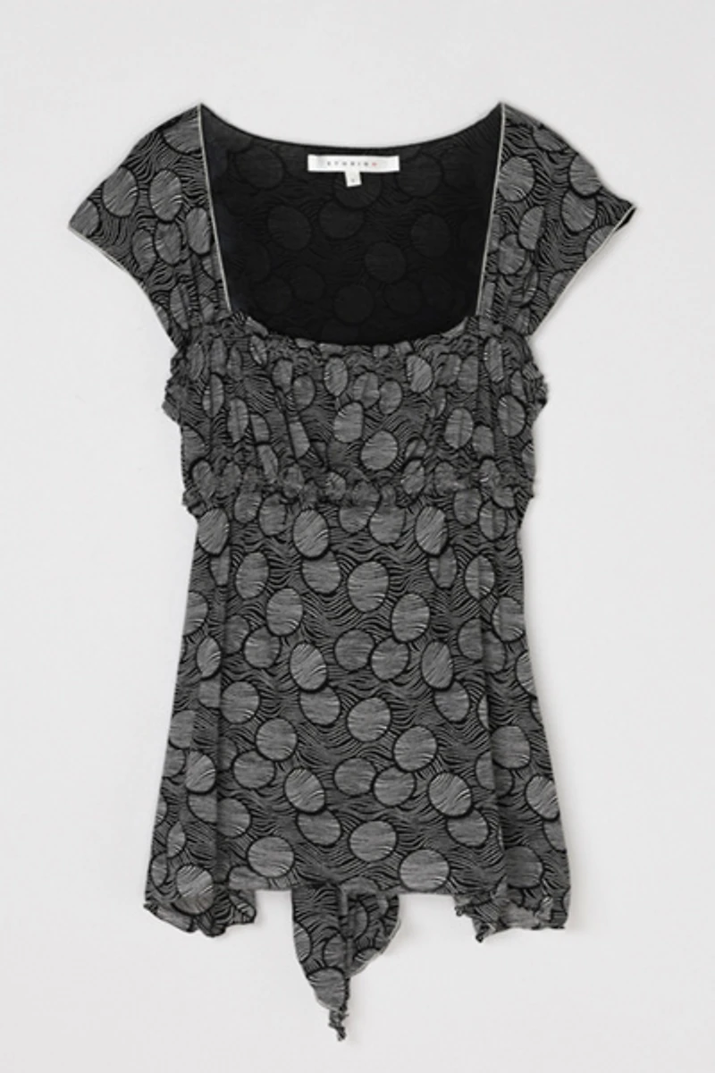 Vintage Y2k Black & White Patterned Ruched Top with Tie