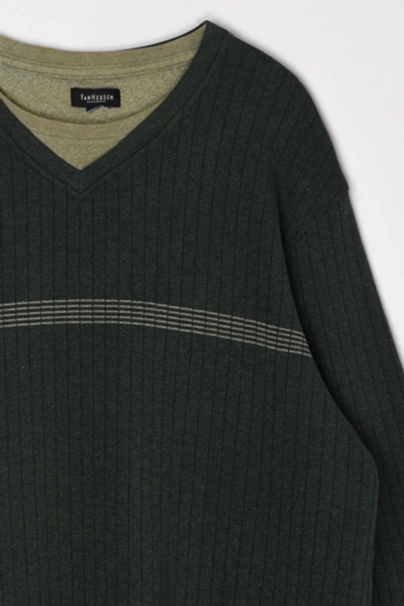 Vintage Y2k Dark Green Striped Ribbed Sweatshirt
