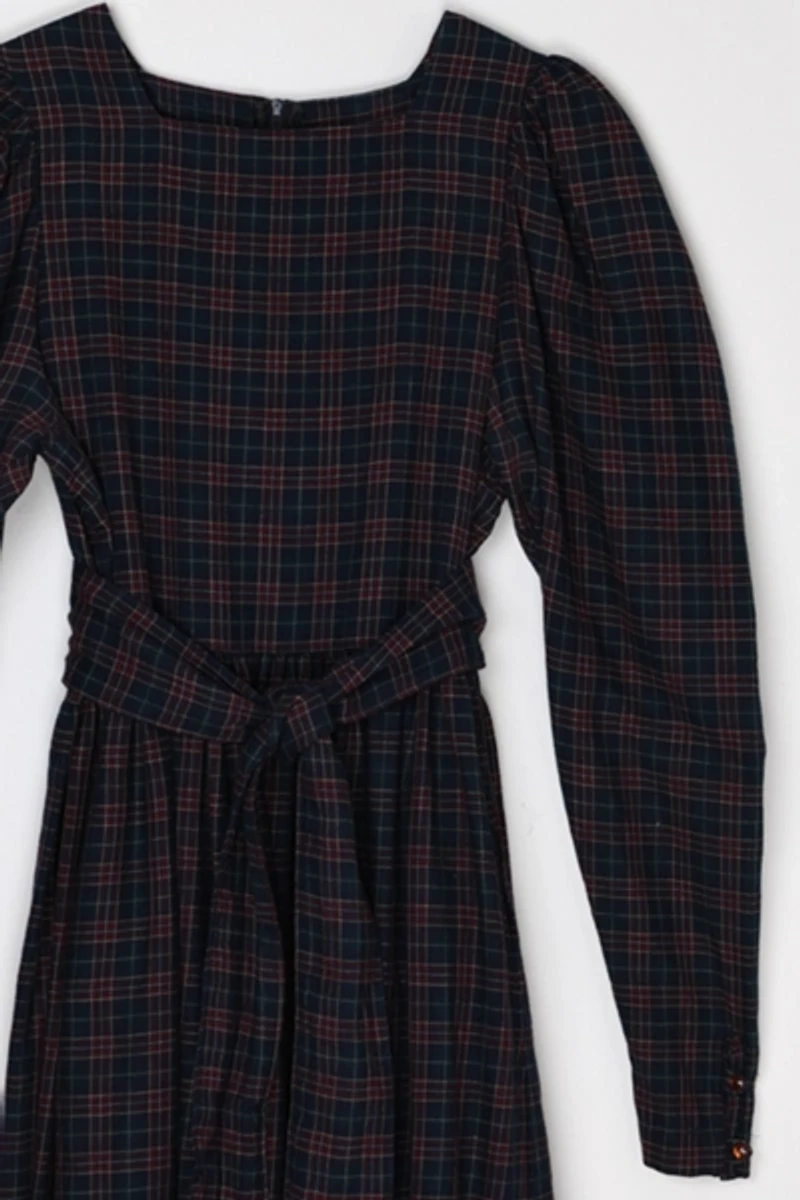 Vintage 90s Laura Ashley Plaid Belted Puff Sleeve Dress