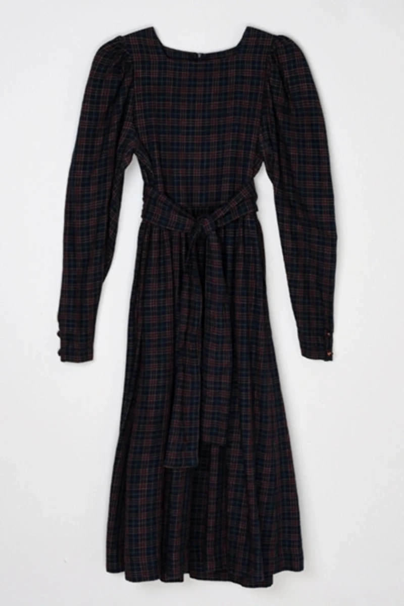 Vintage 90s Laura Ashley Plaid Belted Puff Sleeve Dress