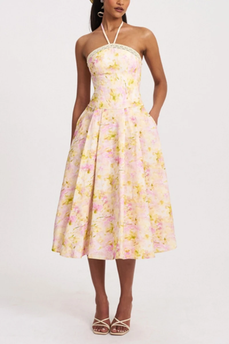 Miss Circle Zaina Floral Linen Halter Midi Dress