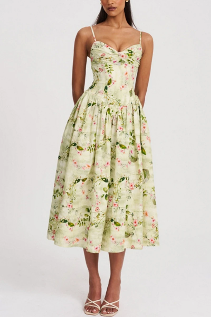 Miss Circle Jacinda Floral Ruched Linen Midi Dress