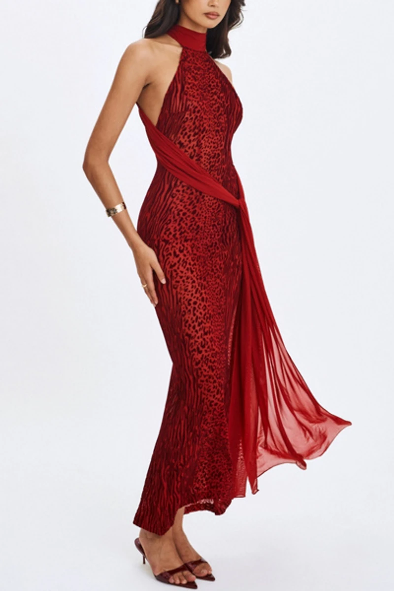 Miss Circle Cerise Burnout Velvet High Neck Maxi Dress