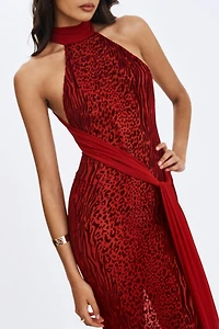 Miss Circle Cerise Burnout Velvet High Neck Maxi Dress