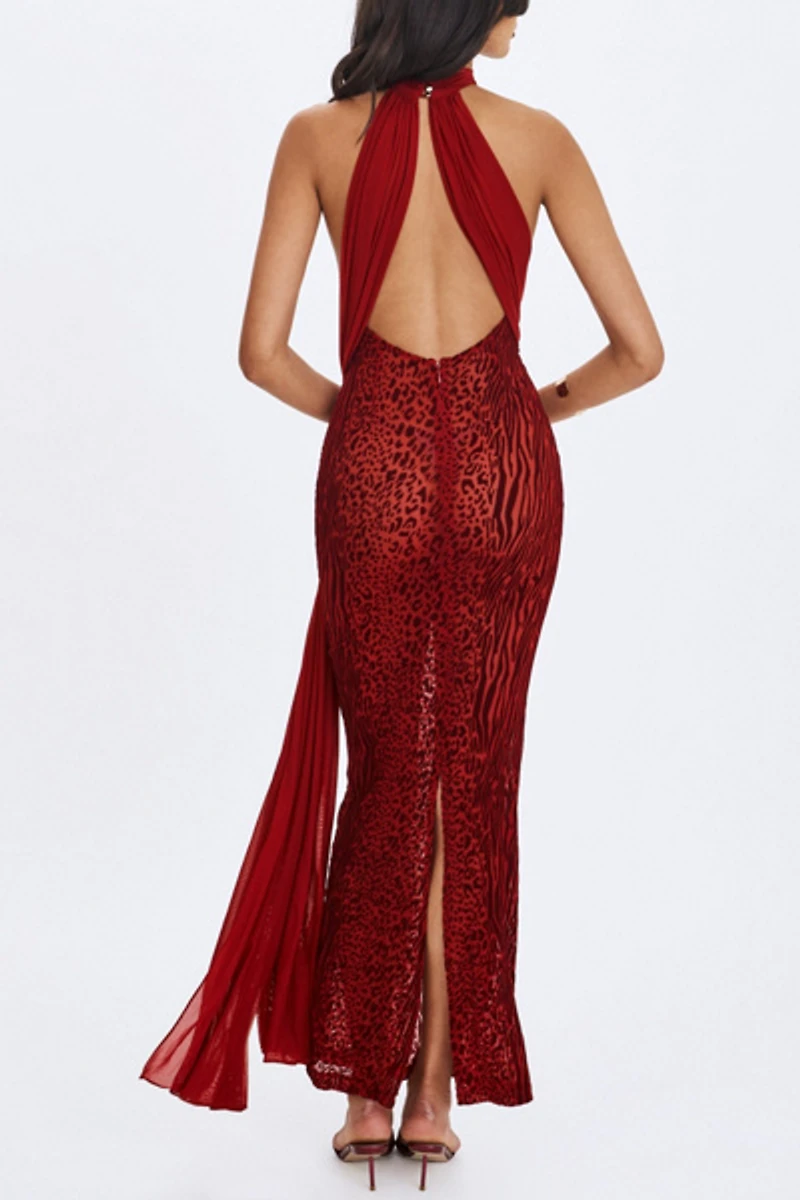 Miss Circle Cerise Burnout Velvet High Neck Maxi Dress