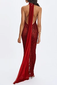 Miss Circle Cerise Burnout Velvet High Neck Maxi Dress