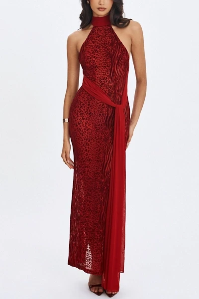 Miss Circle Cerise Burnout Velvet High Neck Maxi Dress