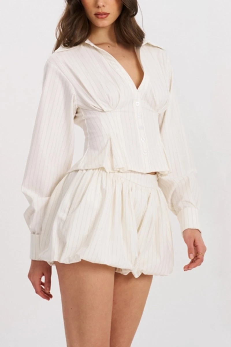 Miss Circle Sylvia Pinstripe Deep V Pleated Shirt