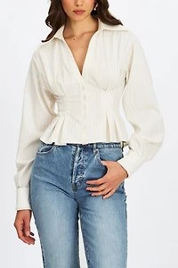Miss Circle Sylvia Pinstripe Deep V Pleated Shirt