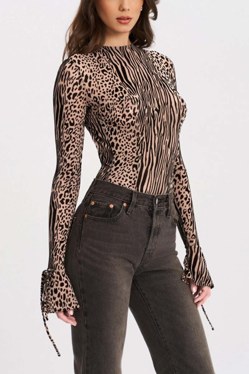 Miss Circle Ibera Animal Print Burnout Velvet Bodysuit