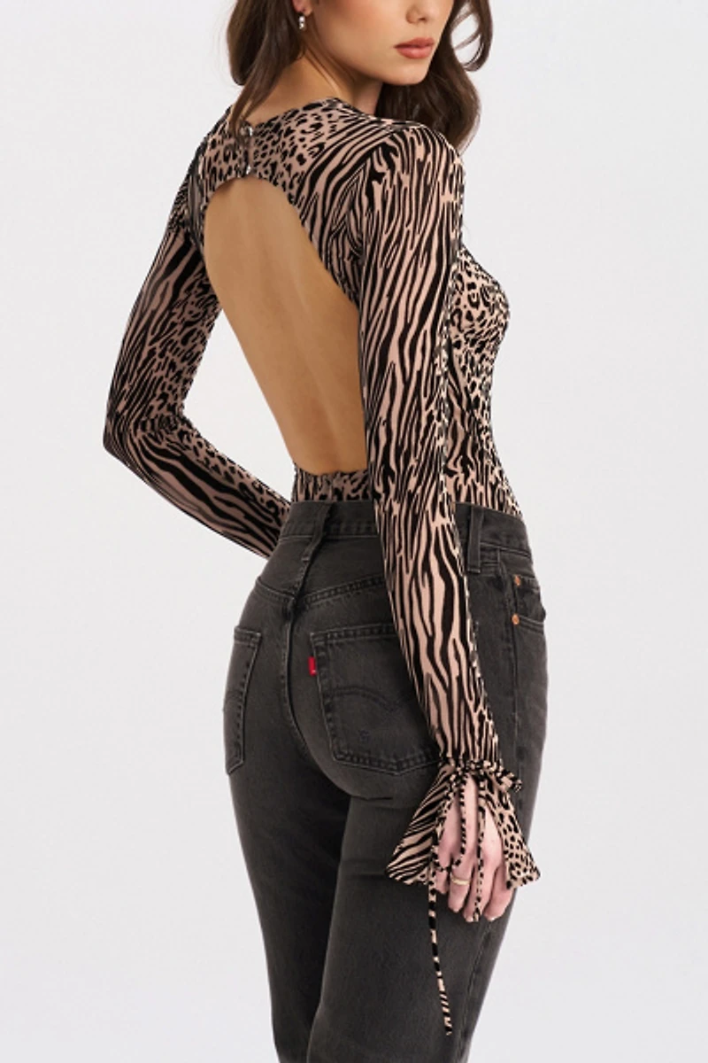 Miss Circle Ibera Animal Print Burnout Velvet Bodysuit