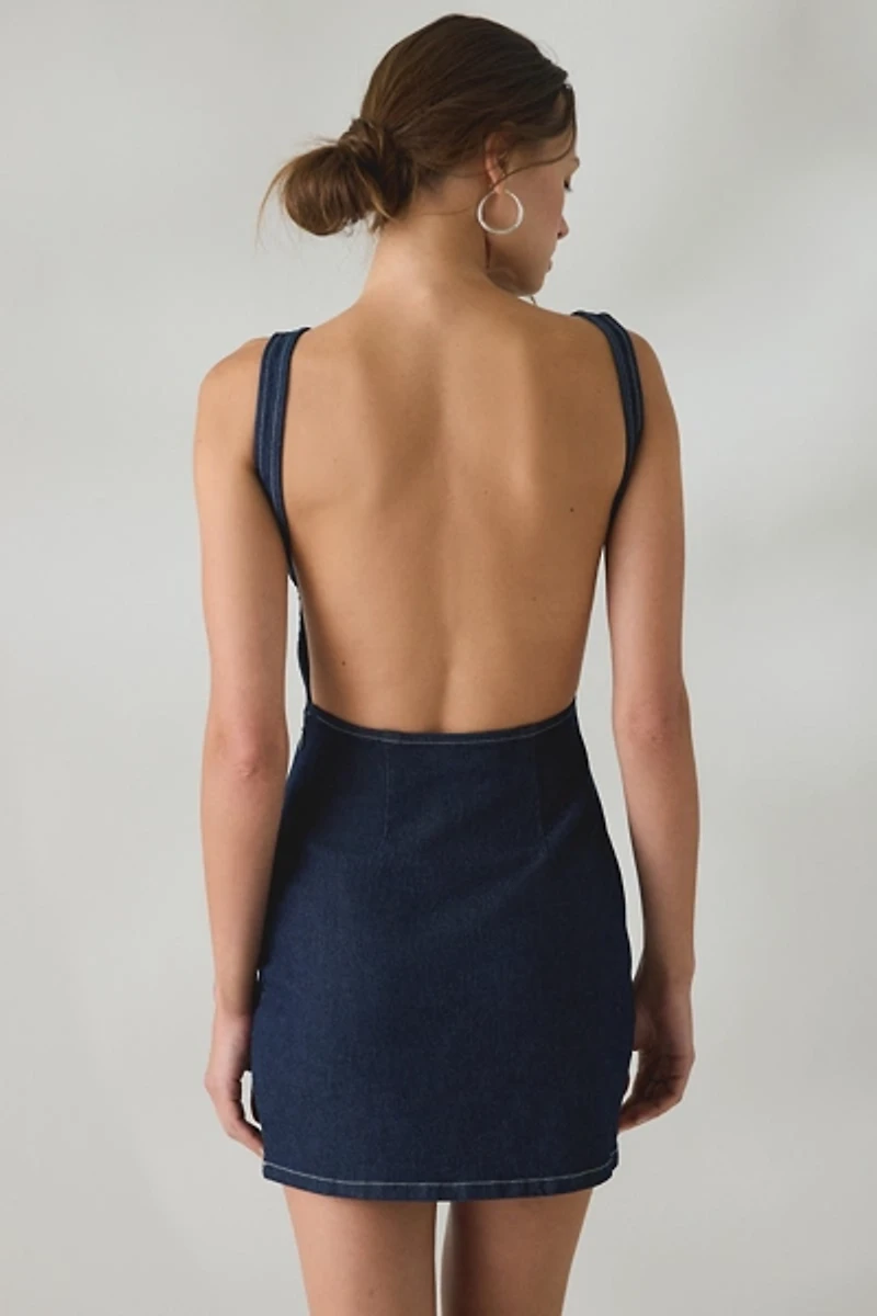 UO Nightingale Plunging Keyhole Open-Back Denim Mini Dress