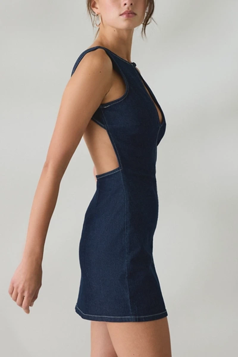 UO Nightingale Plunging Keyhole Open-Back Denim Mini Dress