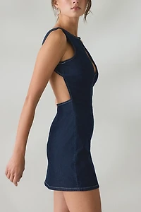 UO Nightingale Plunging Keyhole Open-Back Denim Mini Dress