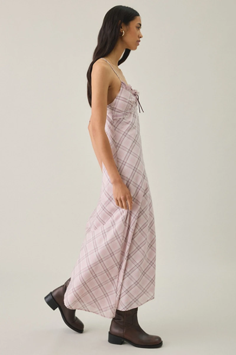 Kimchi Blue Posey Asymmetric Lace Trim Slip Midi Dress