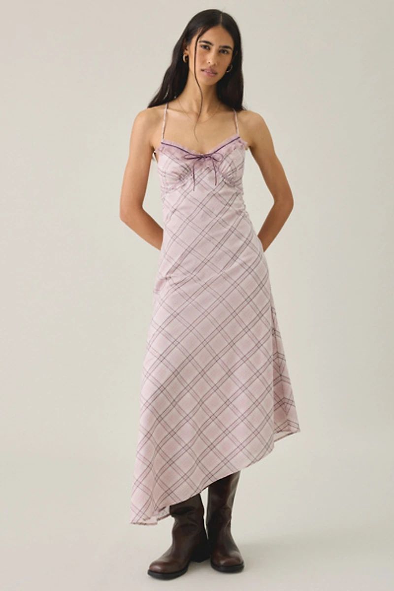 Kimchi Blue Posey Asymmetric Lace Trim Slip Midi Dress