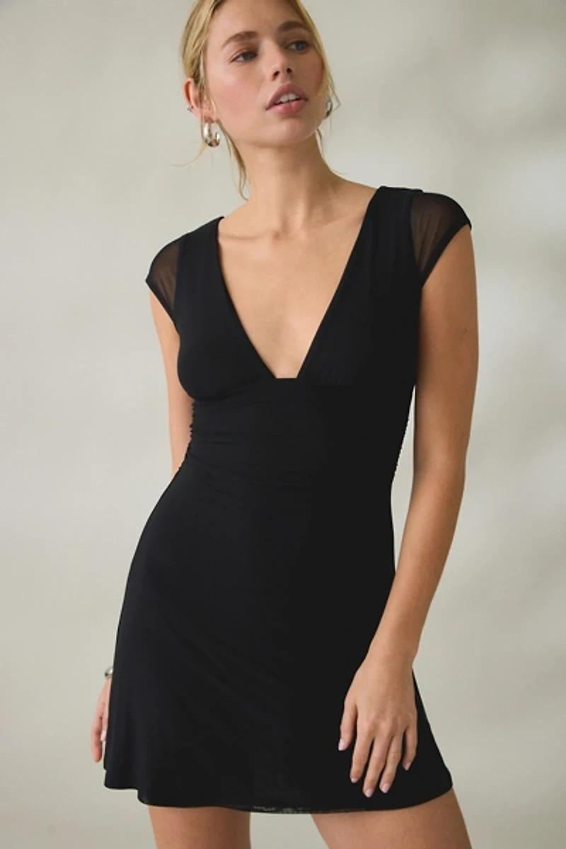 UO About Time Plunging V-Neck Cap Sleeve Mini Dress