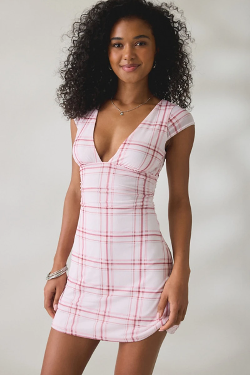 UO About Time Plunging V-Neck Cap Sleeve Mini Dress