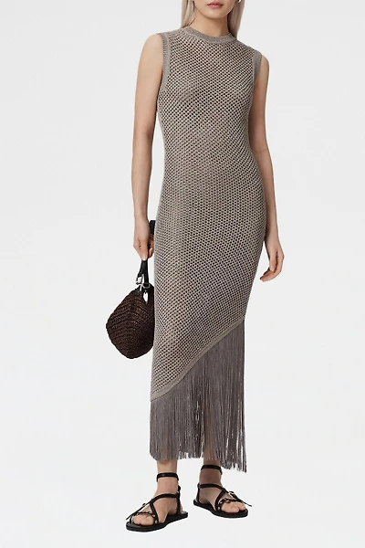 AllSaints Jessie Slim Fit Sheer Knitted Fringe Midi Dress