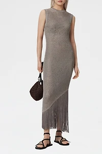 AllSaints Jessie Slim Fit Sheer Knitted Fringe Midi Dress