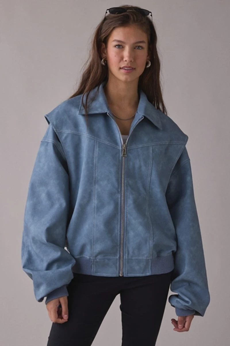 Lioness Vista Slate Faux Suede Oversized Bomber Jacket