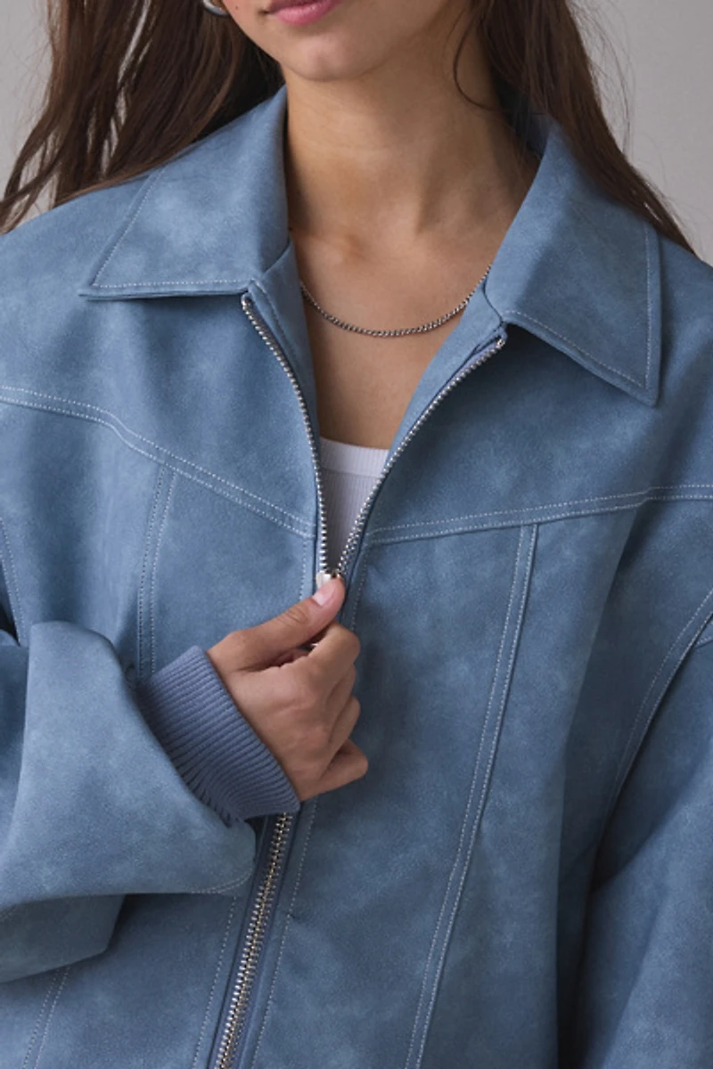 Lioness Vista Slate Faux Suede Oversized Bomber Jacket