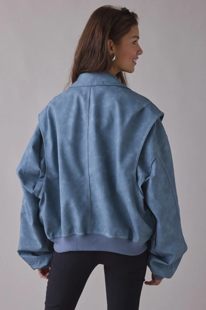 Lioness Vista Slate Faux Suede Oversized Bomber Jacket