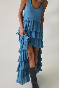 AllSaints Cavalry Crepe Twist Strap Tiered Ruffle High-Low Maxi Dress