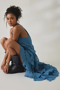 AllSaints Cavalry Crepe Twist Strap Tiered Ruffle High-Low Maxi Dress
