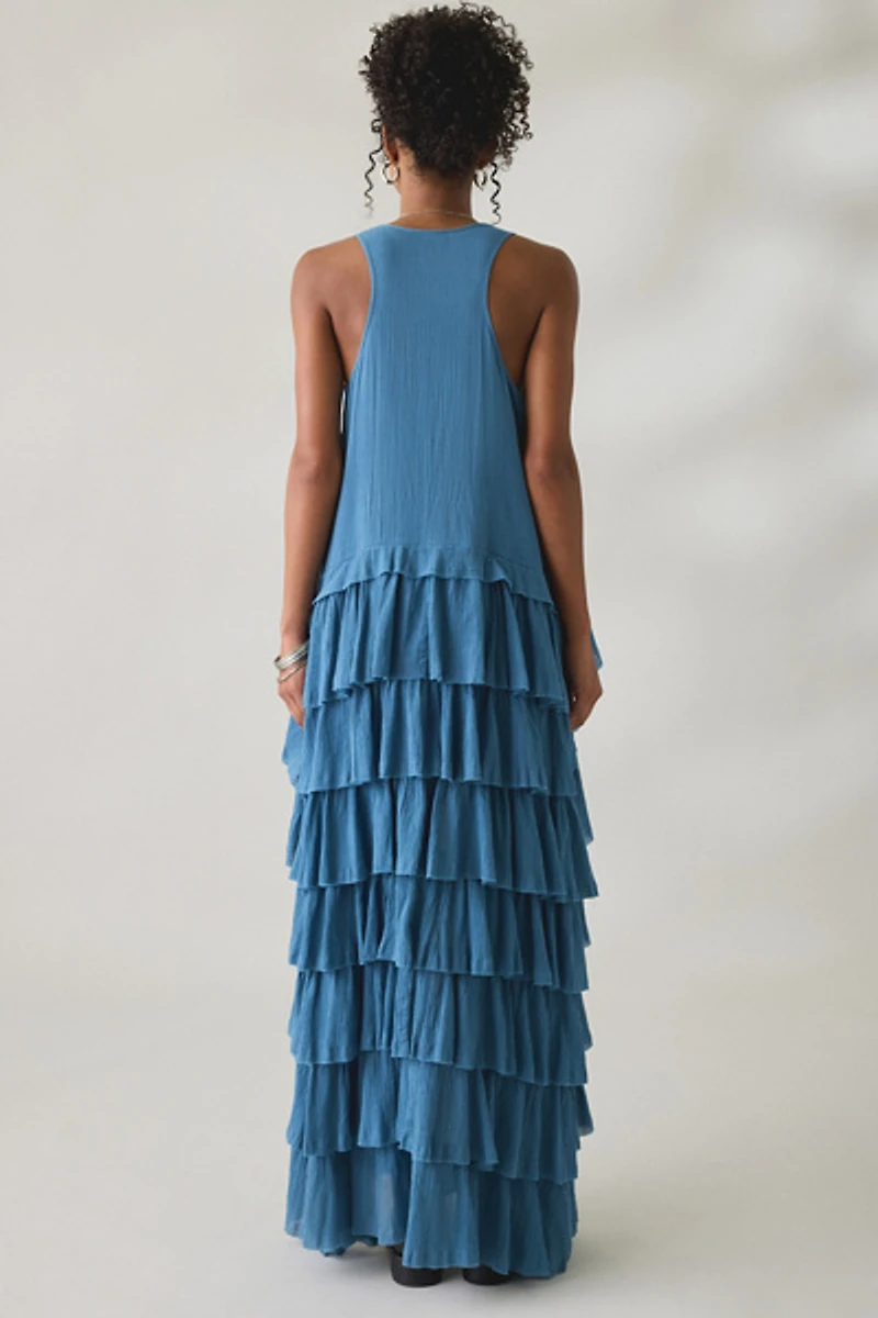 AllSaints Cavalry Crepe Twist Strap Tiered Ruffle High-Low Maxi Dress