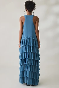 AllSaints Cavalry Crepe Twist Strap Tiered Ruffle High-Low Maxi Dress