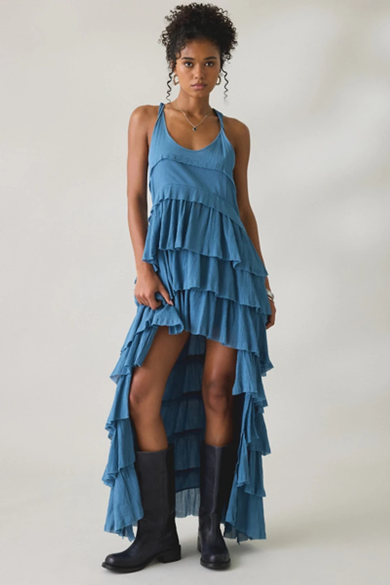 AllSaints Cavalry Crepe Twist Strap Tiered Ruffle High-Low Maxi Dress